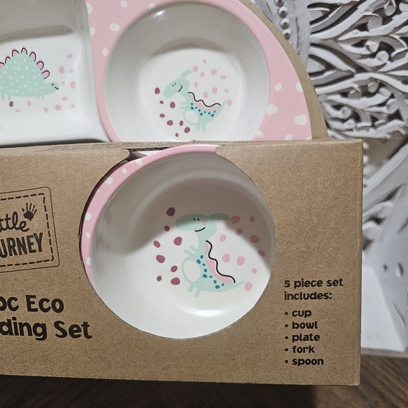 NEW Little Journey 5pc Bamboo Dinsour Kids Feeding Set Plate Cup Bowl Spoon Fork - Picture 5 of 6